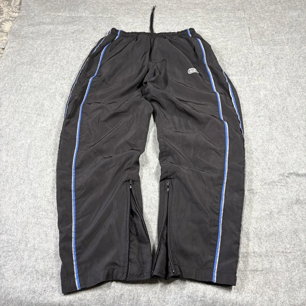 90s Stussy Mens Black Nylon Track Pants Blue Side Stripe Mesh Lined Size Medium